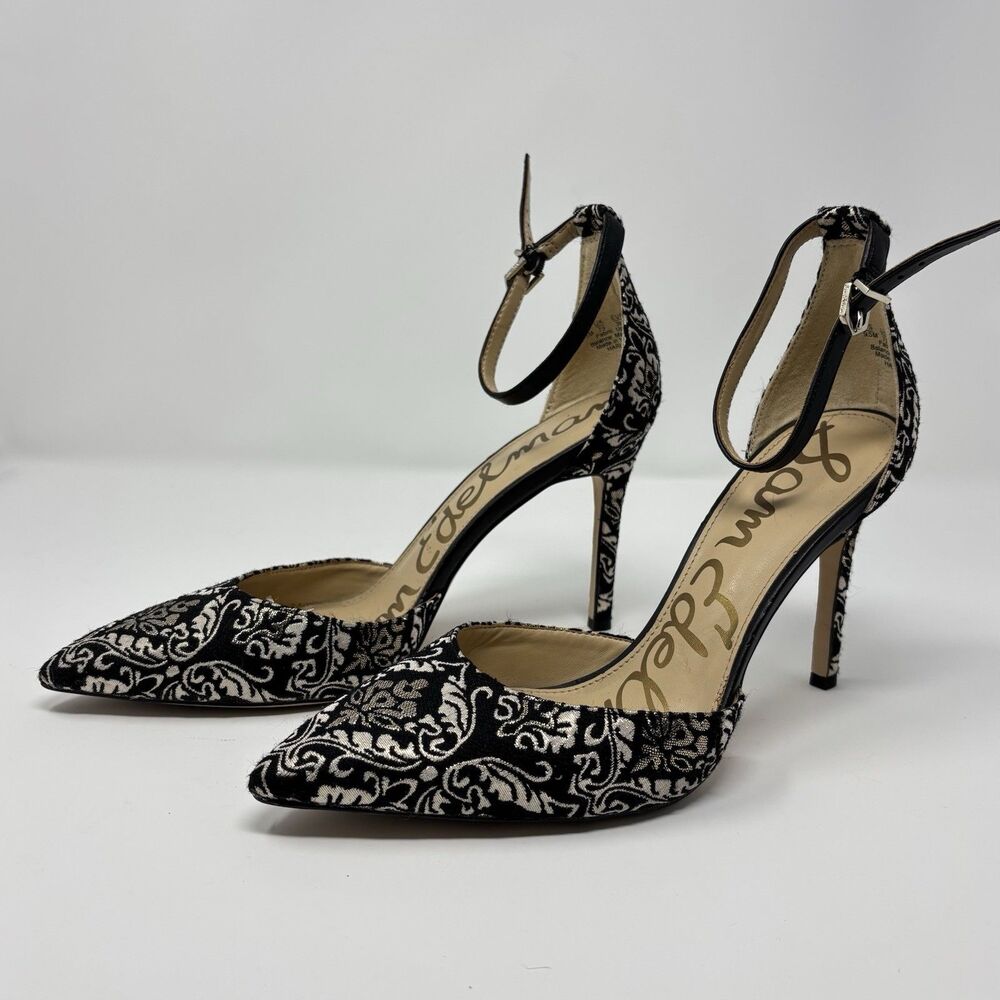 Sam Edelman Harlow Sz 9.5 Black Silver Fabric Slingback Heels Strappy Stiletto